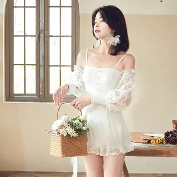 

Swimsuit Woman One Piece Monokini2020 Women Sexy Rashguard Female Fairy Fan Block White Lace Skirt Hubble Bubble Long Sleeve