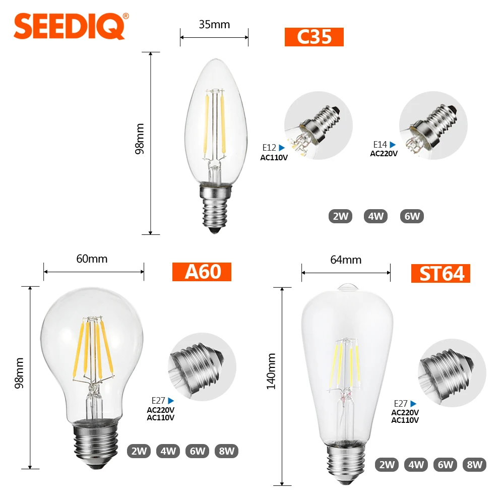 Светодиодная лампа E27 с регулируемой яркостью 220V Винтаж Edison светодиодная 2W 4W 6W 8W