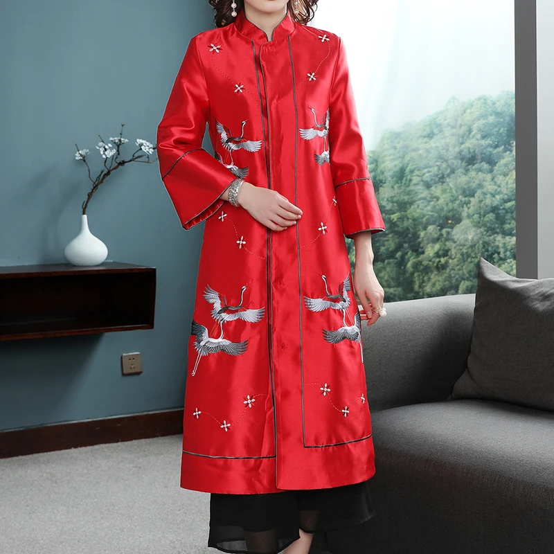 hanfu women long dress chinese style qing dynasty mandarin collar cotton embroidered female traditional national folk robe