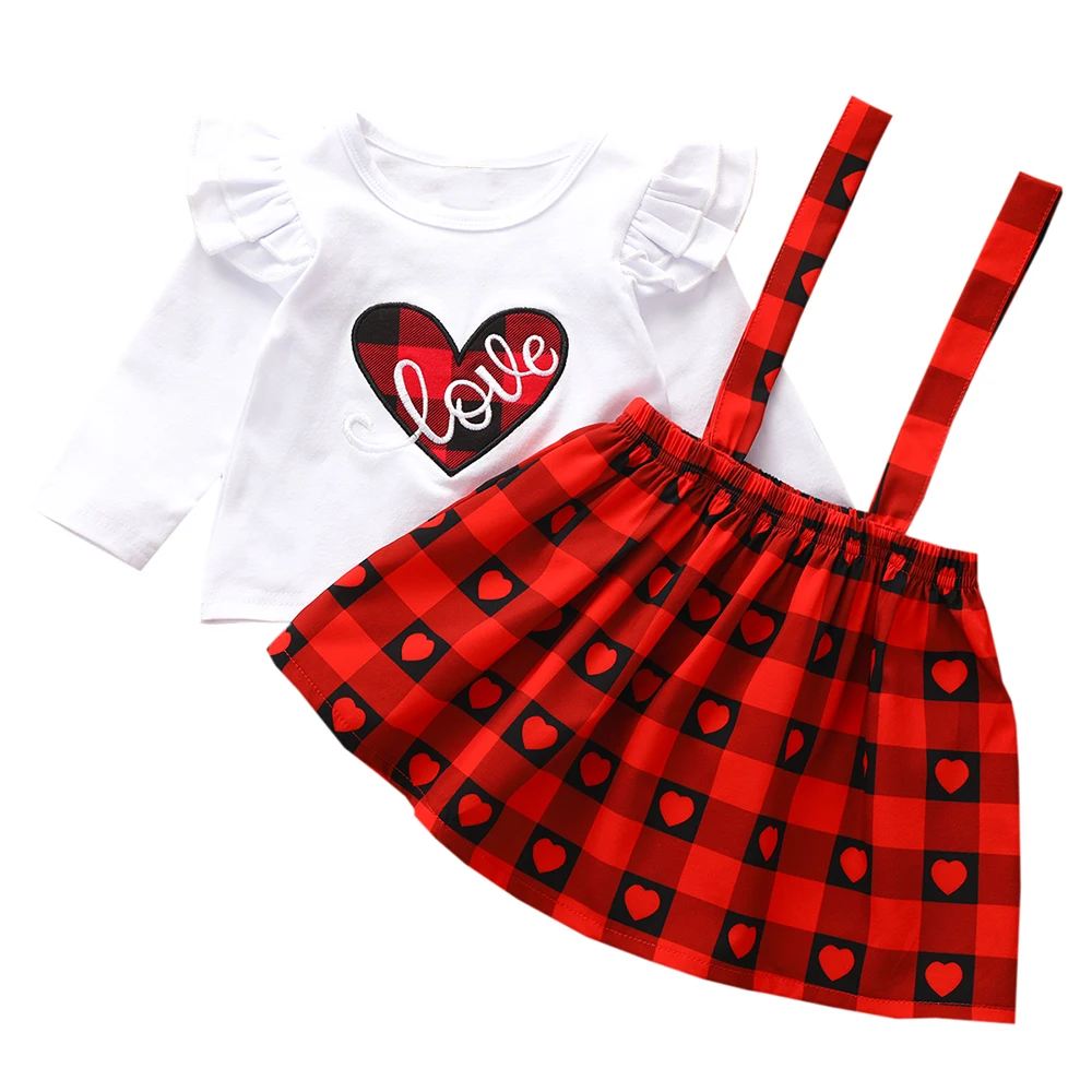 

Toddler Kids Baby Girls Valentine's Day Heart Tops Plaid Skirts Outfits Clothes Long Sleeve Summer Girls Clothing Sets