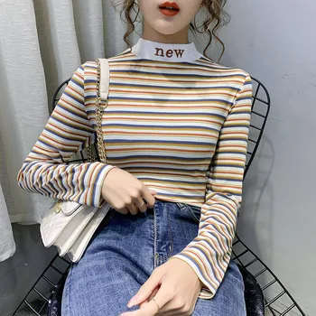 

Rainbow Stripes Base Shirt Female Half Turtleneck 2020 New Style Western Style Underwear Slim Fit Long-sleeved T-shirt Tops Wome