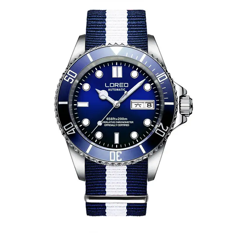 LOREO 9203 Германия diver 200 м oyster perpetual air-king автоматический самоветер светящийся водонепроницаемый archetype relogio masculino - Цвет: blue nylon
