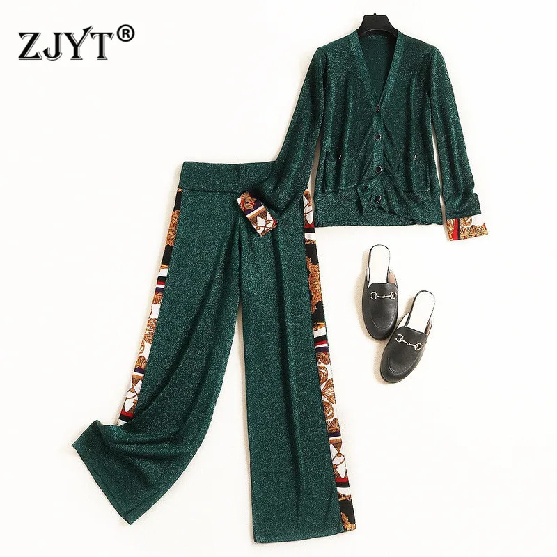 

Brand Fashion Women Knitting Cardigan Top and Pants 2piece Sets Fall Winter Designer Casual Outfits Print Patchwork Sweater Sets