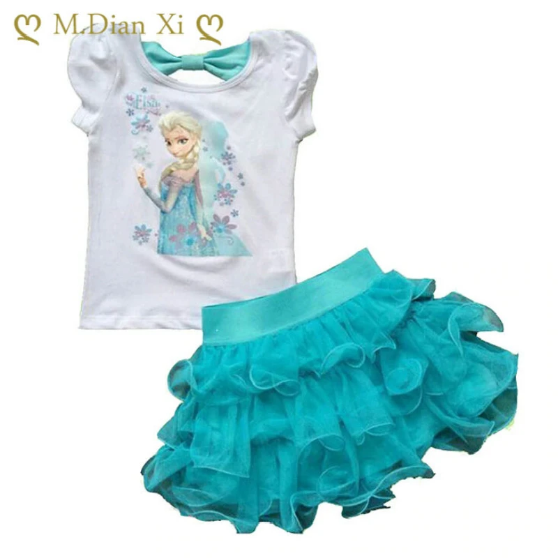 Brand Baby Kid Clothes Princess Anna Elsa Girls Princess Elsa Dress + T Shirt 2 Pcs Set 3-8Age Sky Blue Layered Tutu Dress Sets winter baby suit