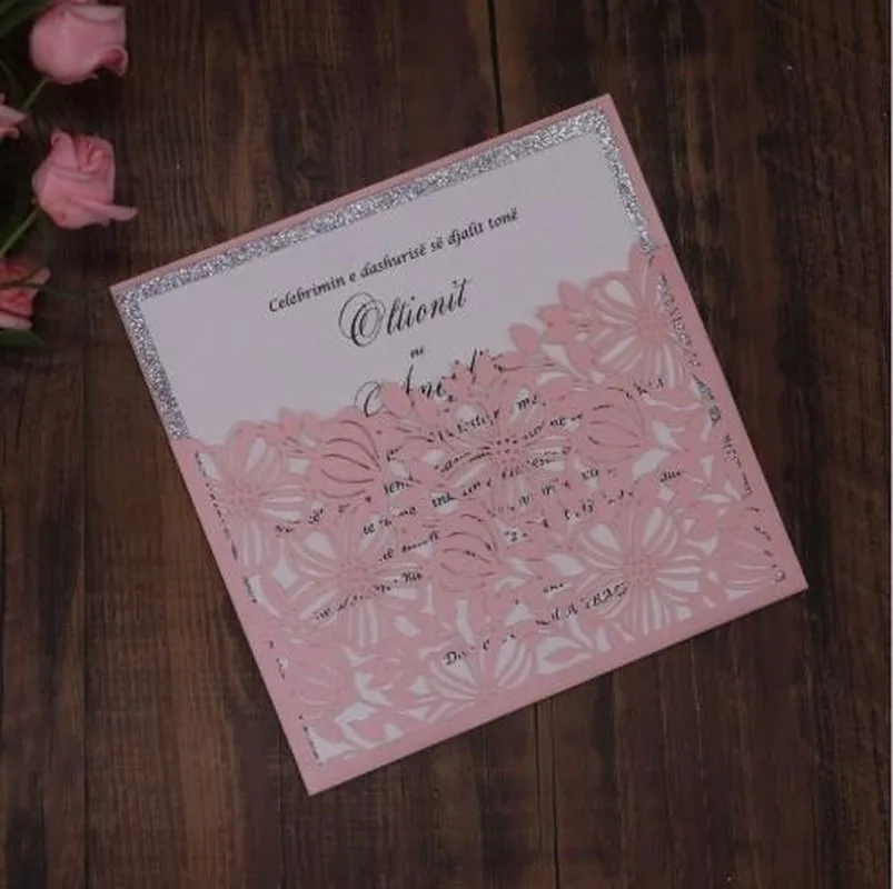 50pcs Laser Cut Wedding Invitations Glitter Lace Hollow Flora Elegant Invites Cards For Marriage