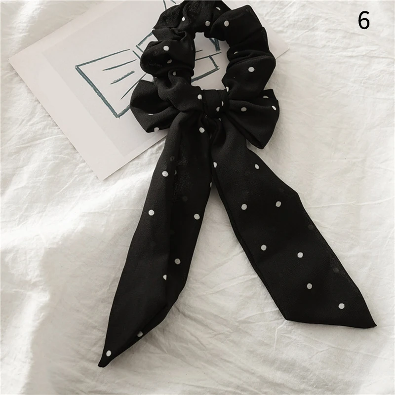 Boho Style Printed Ribbon Bow Hair Scrunchies Elastic Hair Bands Women Elegant Polka Dot Knotted Scarf Hair Accessories Headwear - Цвет: 0006