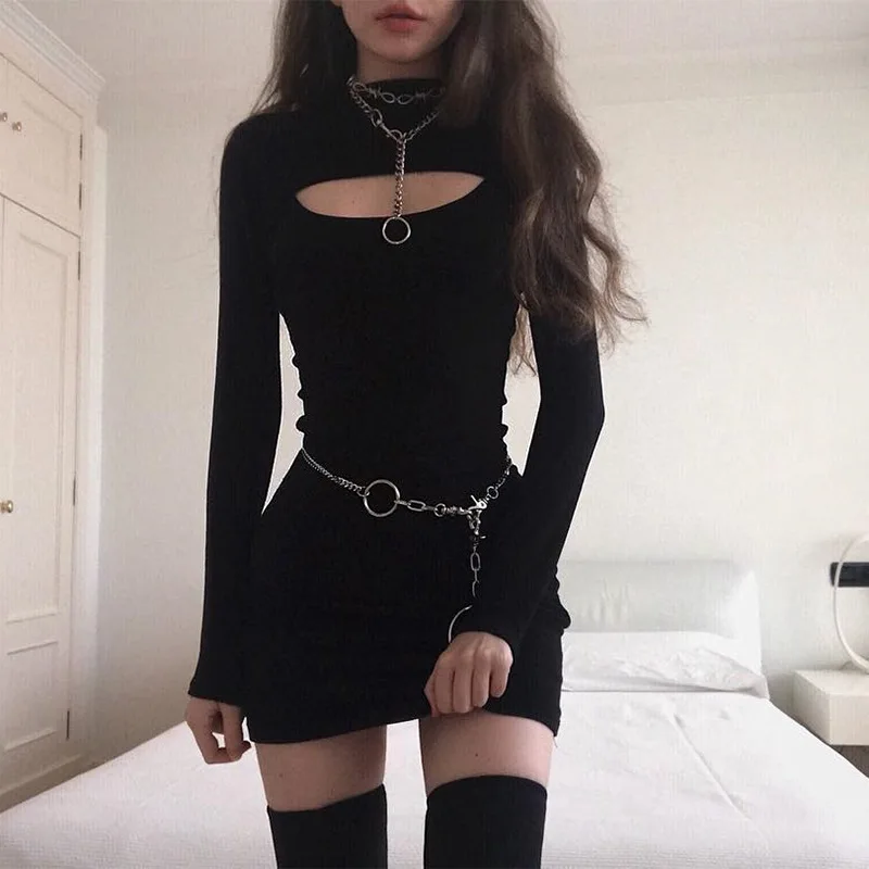 Dark Sexy Hollow Out Dress Woemn Gothic Punk Long Sleeve Slim Mini Harajuku Streetwear Korean Ins Grunge Party Femme | Женская одежда
