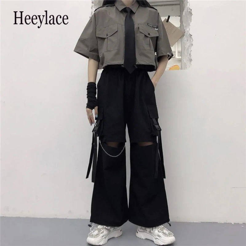 Gothic Streetwear Women#39;s Cargo Pants with Chain Punk Techwear Black  Oversize Korean Fashion Wide Leg Trousers 2021 Alt|Pants  Capris| -  AliExpress