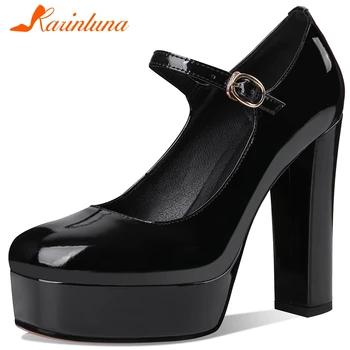 

Karinluna 2020 Fashion New Genuine Cow Leather Party Pumps Woman Shoes Buckle Strap Platform High Heels Spring Shoes Women Pumps