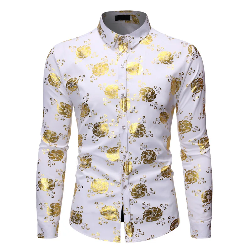 Camisa de lujo estampado floreado para hombre, ropa ajustada de manga para fiesta, discoteca, color dorado, novedad de Otoño de 2021|Camisas - AliExpress