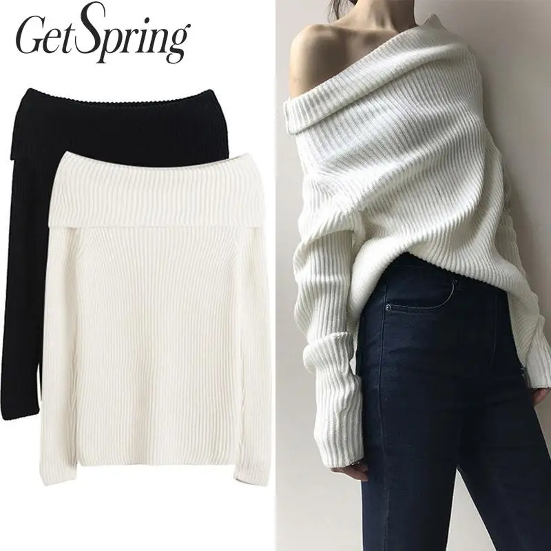 GetSpring Women Sweater Long Sleeve Slash Neck Knitted Sweater Temperamet Bottom Pullovers Loose Women Tops Autumn Winter 2022