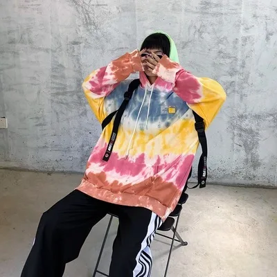 С капюшоном Женская свободная и ленивая tie dye Модная студенческая повседневная с капюшоном с длинным рукавом Топ пара Толстовка Толстовки