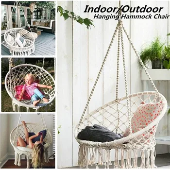

Cotton Rope Hammock Chair Handmade Knitted Indoor Outdoor Kids Swing Bed Adult Swinging Hanging Chair Hammock