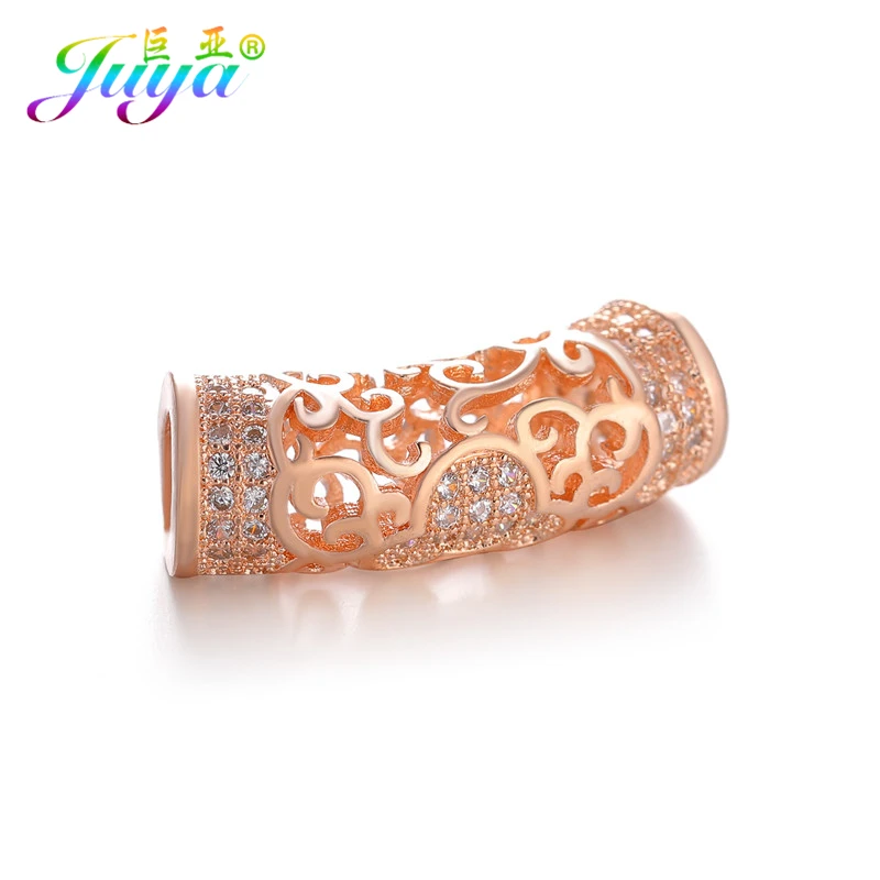 Juya DIY золотые/серебряные/розовые золотые разделительные бусины, поставки, микро проложенные циркониевые изогнутые трубчатые бусины для изготовления ювелирных изделий из натурального камня и жемчуга - Цвет: Rose Gold