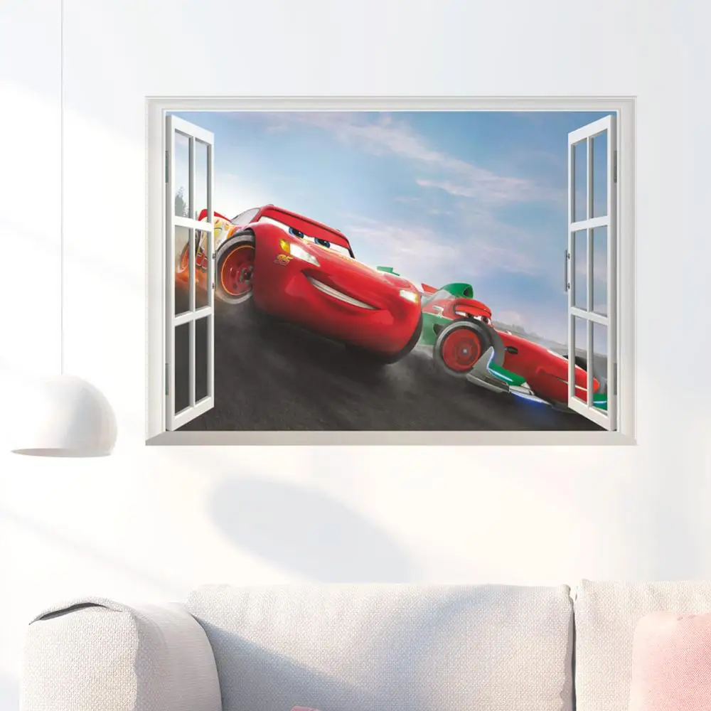 Disney cartoon movie 3Dview Cars Lightning McQueen Window wall sticker for kids room mural art Home decoration PA14262-N