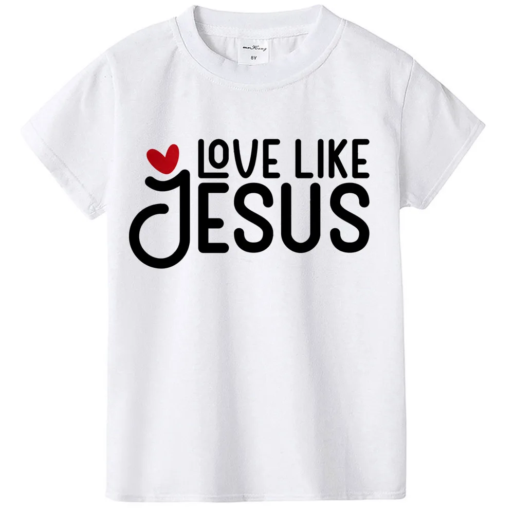 Детские футболки на День святого Валентина с надписью «Love Like Jesus»; топы с цитатой в виде христианского сердца для мальчиков и девочек; футболка; модная одежда с религиозным поговором - Цвет: H760-KSTWH-