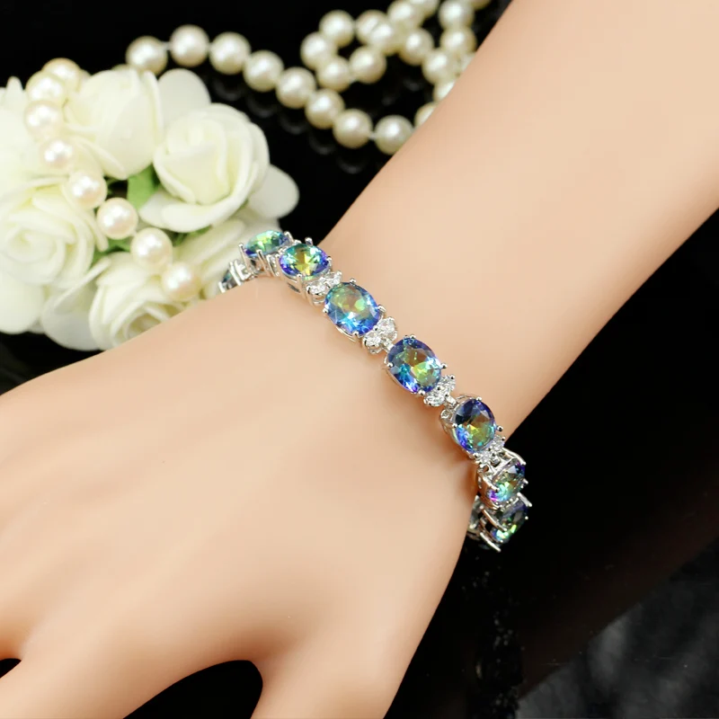BeaQueen модные 925 пробы серебряные ювелирные изделия Большой овальной огранки голубой кубический цирконий многоцветный Радужный кристалл женские браслеты B011