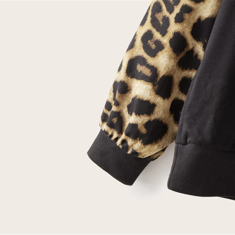 Dotfashion черная Лоскутная Толстовка с леопардовым принтом для женщин, осень, толстовки с карманами и пайетками, Женская Повседневная Толстовка
