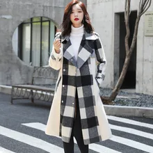 [EWQ] осенне-зимняя новая шерстяная куртка с длинными рукавами в Корейском стиле длинное бархатное клетчатое теплое пальто с мехом, QL494