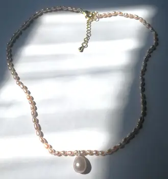 

1.8x3mm bright purple rice pearl choker pendant necklace gold clasp natural Freshwater PEARL Women Jewelry 17'' 43cm 35cm