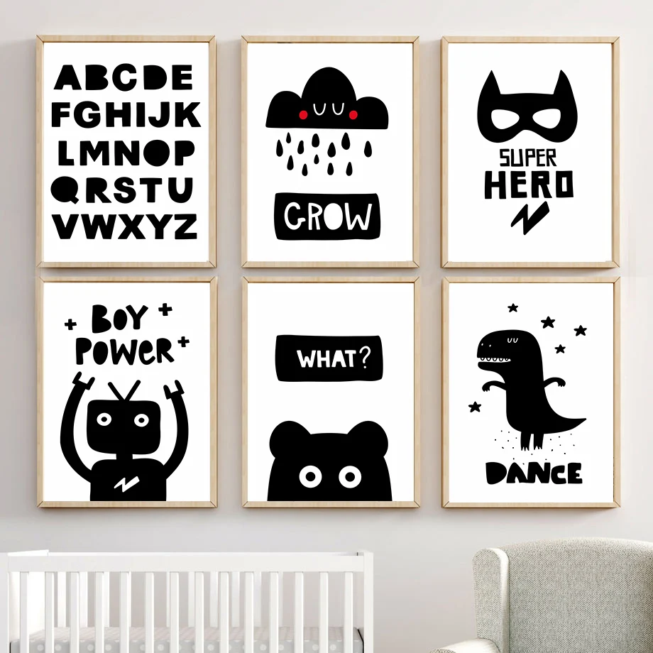 

Black White Super Hero Robot Cloud Nordic Posters And Prints Wall Art Canvas Painting Cartoon Wall Pictures For Kids Room Decor