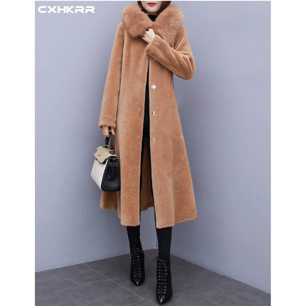 CAMEL CXHKRR/женское пальто из овчины; Новинка года; приталенное длинное пальто с капюшоном из лисьего меха - Цвет: CAMEL