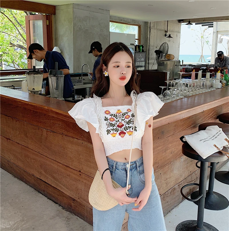 Lace Stitching Blouse Women High Waist Cotton Embroidery Flower Shirt Sexy Short Tops 2020 Summer Female Tops black long sleeve top