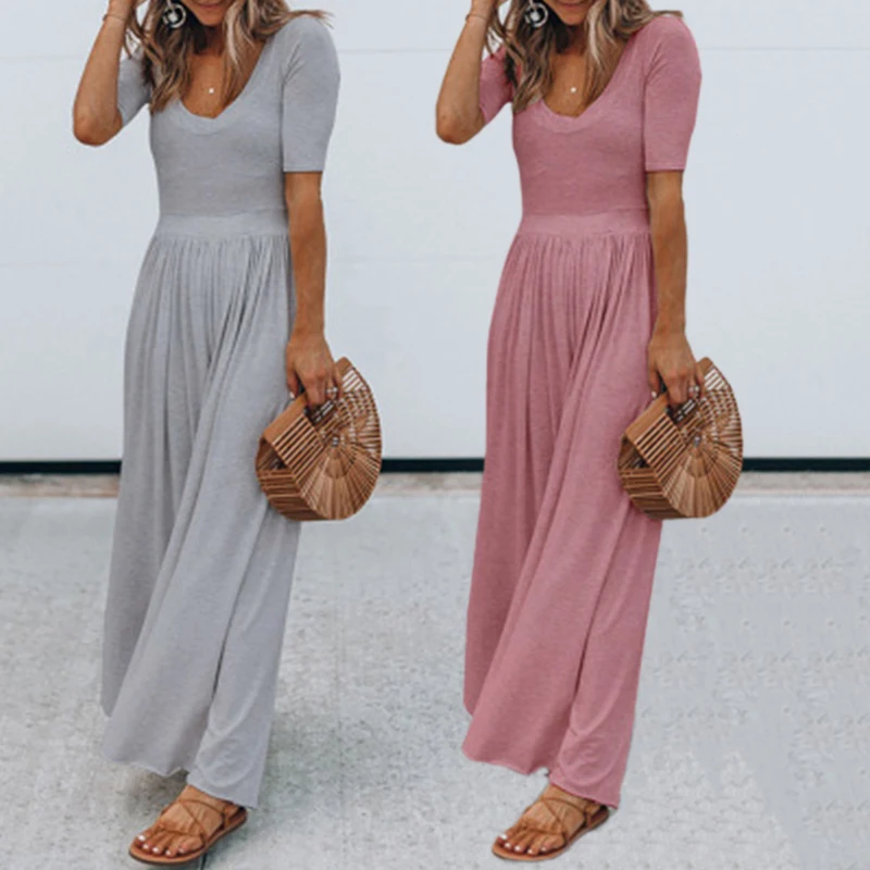 

Jumpsuits Women Clothes Solid Color Casual Loose Sexy Wide Leg Jumpsuit Summer Short Sleeve Vintage Lady Simple Long Romper