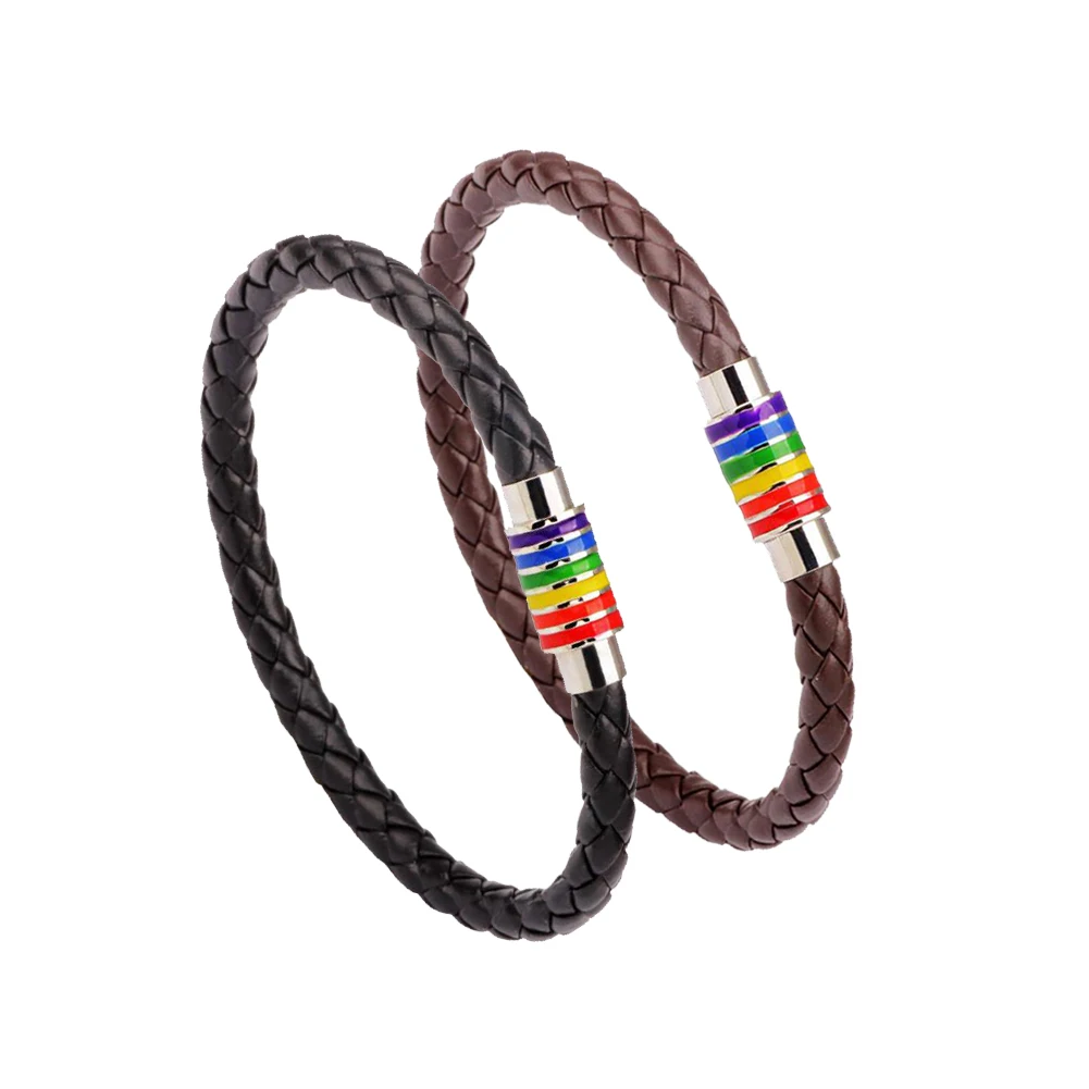 Rainbow Pride Gay Bracelet Genuine Leather Copper Magnetic Clasp Wristbands Bracelets