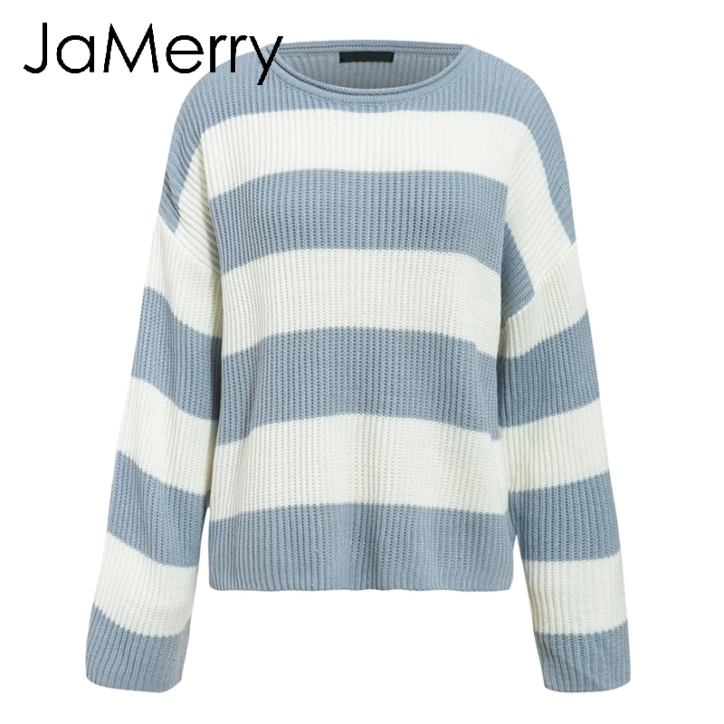 Blue JaMerry, винтажный полосатый вязаный свитер, Женский Толстый Пуловер с круглым вырезом, женский джемпер, свободный мягкий уличная одежда, Повседневный шерстяной свитер - Color: Blue