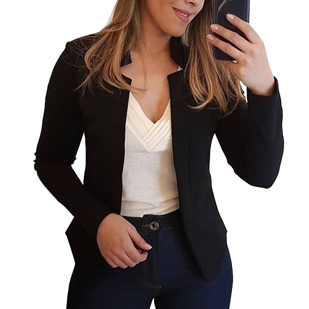 black Женские Модные осенние деловые блейзеры офисные женские повседневные однотонные блейзеры с длинным рукавом облегающие костюмы наборы - Цвет: black