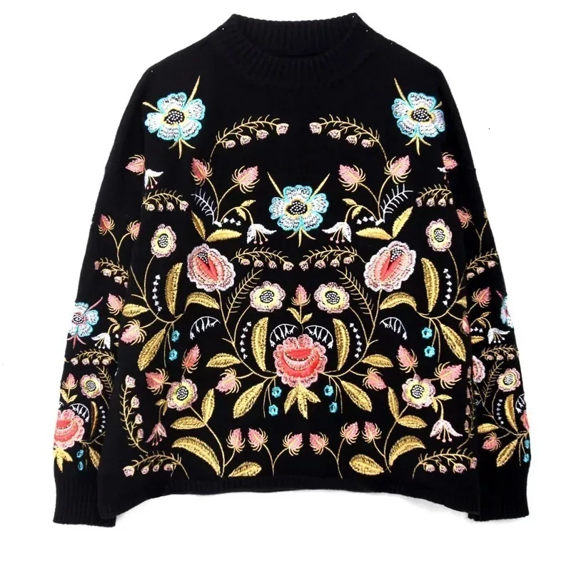 Round Collar Flowers Embroidery Long Sleeve Sweater in Sweaters