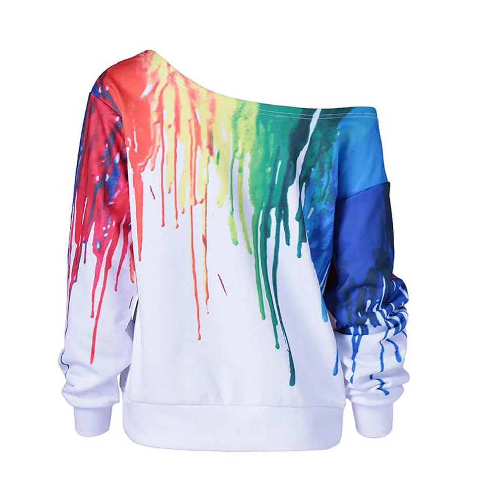 JAYCOSIN Fashion Women Simple Casual Loose Rainbow Print Sweatshirt Long Sleeve Comfortable Soft Pullover Blouse Sweatshirt
