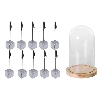 

1Set Transparent Glass Bell Glass Suction Glass Jars with Wooden Floor for Flowers Plants Gift L & Pack Of 10 Place Card Holder