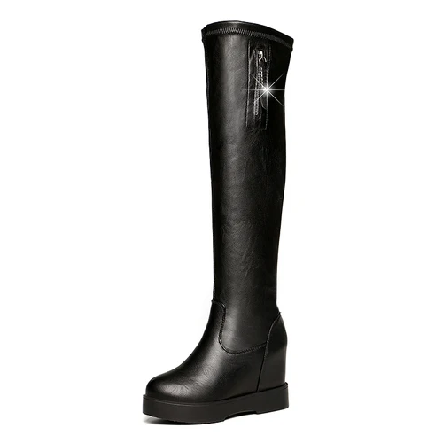 Knee High Winter Fur Boots Over The Knee Women Boot Soft Leather Zipper Women Boots Thigh High Winter Warm Increase Within Shoes - Цвет: black Plus velvet