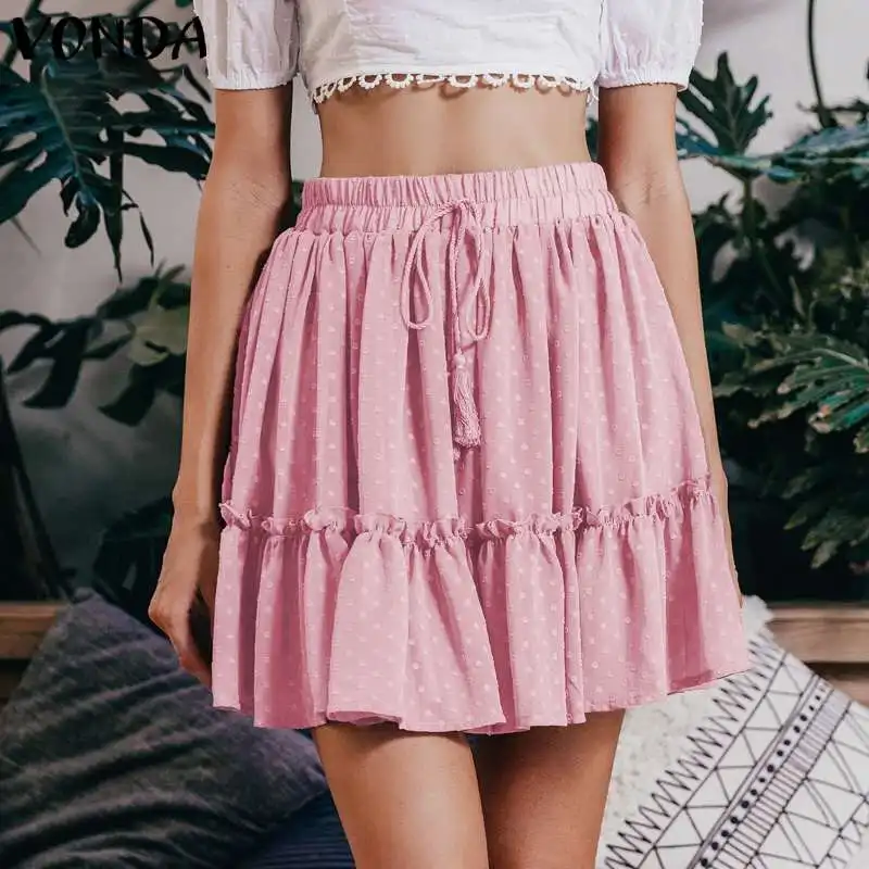 

VONDA 2020 Summer Women Bohemian Polka Dot Short Skirts Beach Holiday Girls A Line Printed Ruffle Pleated Mini Skirts Plus Size