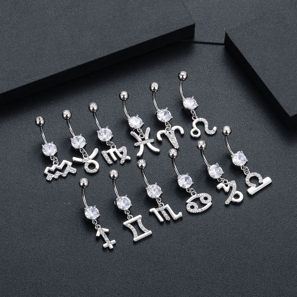 12PCS Constellations Piercing Belly Button Bars Set Navel Ring Stud for Women Surgical Steel Post Sexy Piercings Jewelry 14G