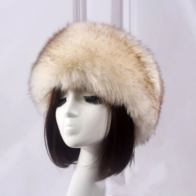 Beige Brown Ski Hat Snow Cap Cossack Fluffy Outdoor Mutil Color Faux Fur Earmuffs Ushanka Women Russian Warmer Ear Headband - Цвет: Beige Brown
