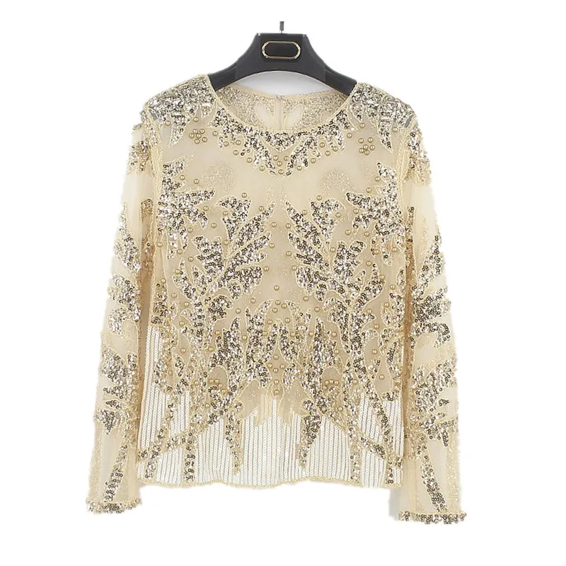 Sexy Sequined Embroidery Rose Flower Shirt Shiny Transparent Gauze Heavy Beading S Blusa Camisa Luxury Party Club Tops 5549#