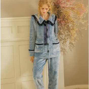 

Autumn Winter Women's Lolita Flannel Vintage Turndown Collar Pajama set.Ladies Lace Princess Pyjamas Set.Warm Sleep Loungewear