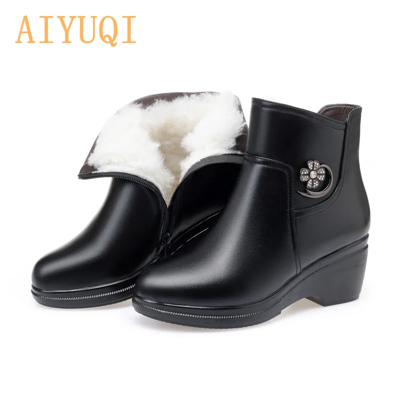 

AIYUQI 2019 Winter Boots Women Genuine Leather Big Size Mother Wedge Boot Black Platform Boots Thick Wool Ankle Boots
