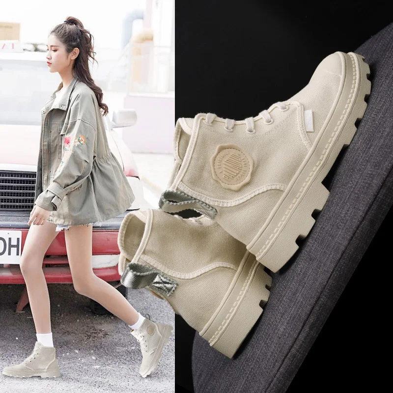 

Martin Boots Women's 2019 Autumn New Style Hight-top Canvas Shoes Casual Versatile British Style round-Toe Breathable WOMEN'S Sh