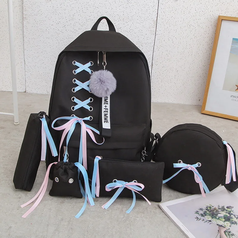 Adisputent Для женщин модная легкая с помпонами и украшения для рюкзака из четырех единиц девочка школьная сумка, коллежд ветер рюкзак пачки