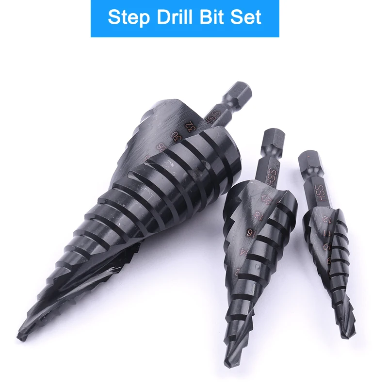 

3Pcs 4-12mm 4-20mm 4-32mm HSS Step Cone Drill Bits Nitride Coated Spiral Groove Step Drill Bit for Wood Metal Hole Cutter Drill