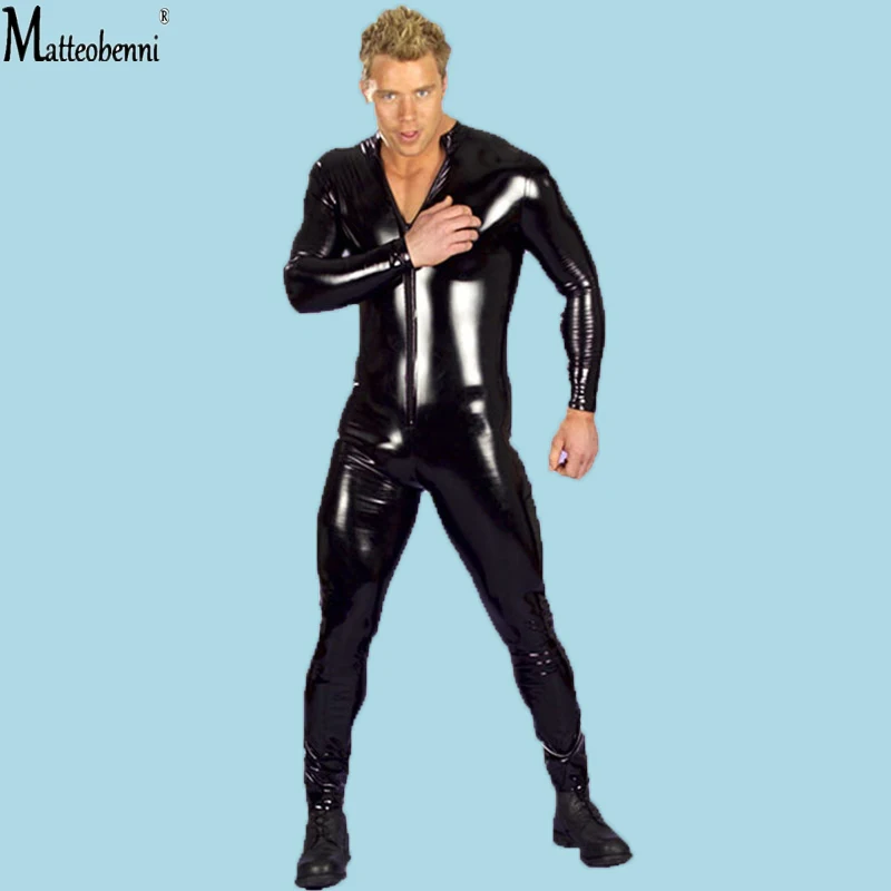 Men Bodysuit Jumpsuit Faux Leather Front Zipper Crotch Lingerie Gay Fetish Costumes Erotic
