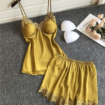 

Lace strap sexy pajamas women summer bathrobe shorts two-piece suit thin backless seduction home service camison sexy mujer 2020