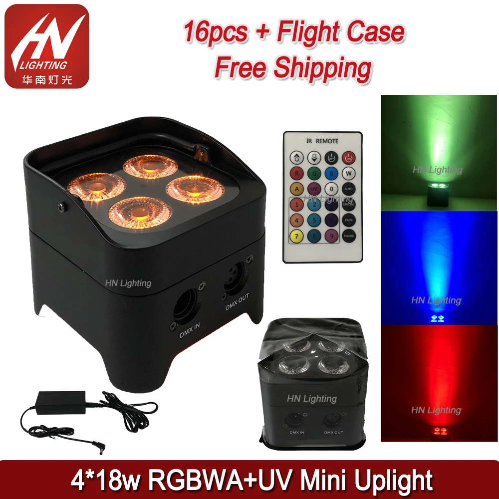 

16pcs 4*18w par led RGBWA UV smart dj light wedding uplighting battery operated for flight case