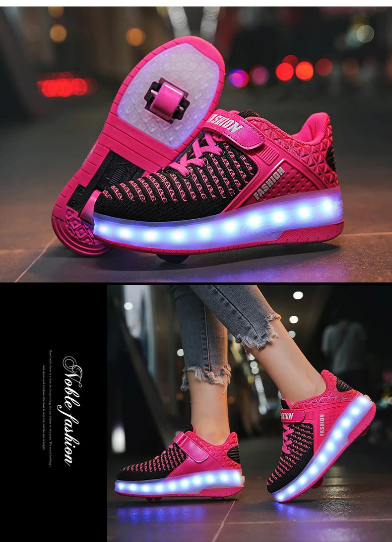 Size 28-40 LED Glowing Roller Skate Shoes with Lights for Children Boys USB Charged Luminous Sneakers on Double Wheels Kid Girls
