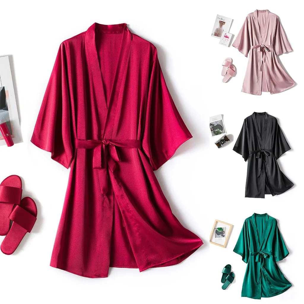 Spring Long Sleeve Night gown Women Robe Silk Dressing Gowns Lingerie Set Bathrobe Ladies Summer Nightgown Nightdress LW | Женская