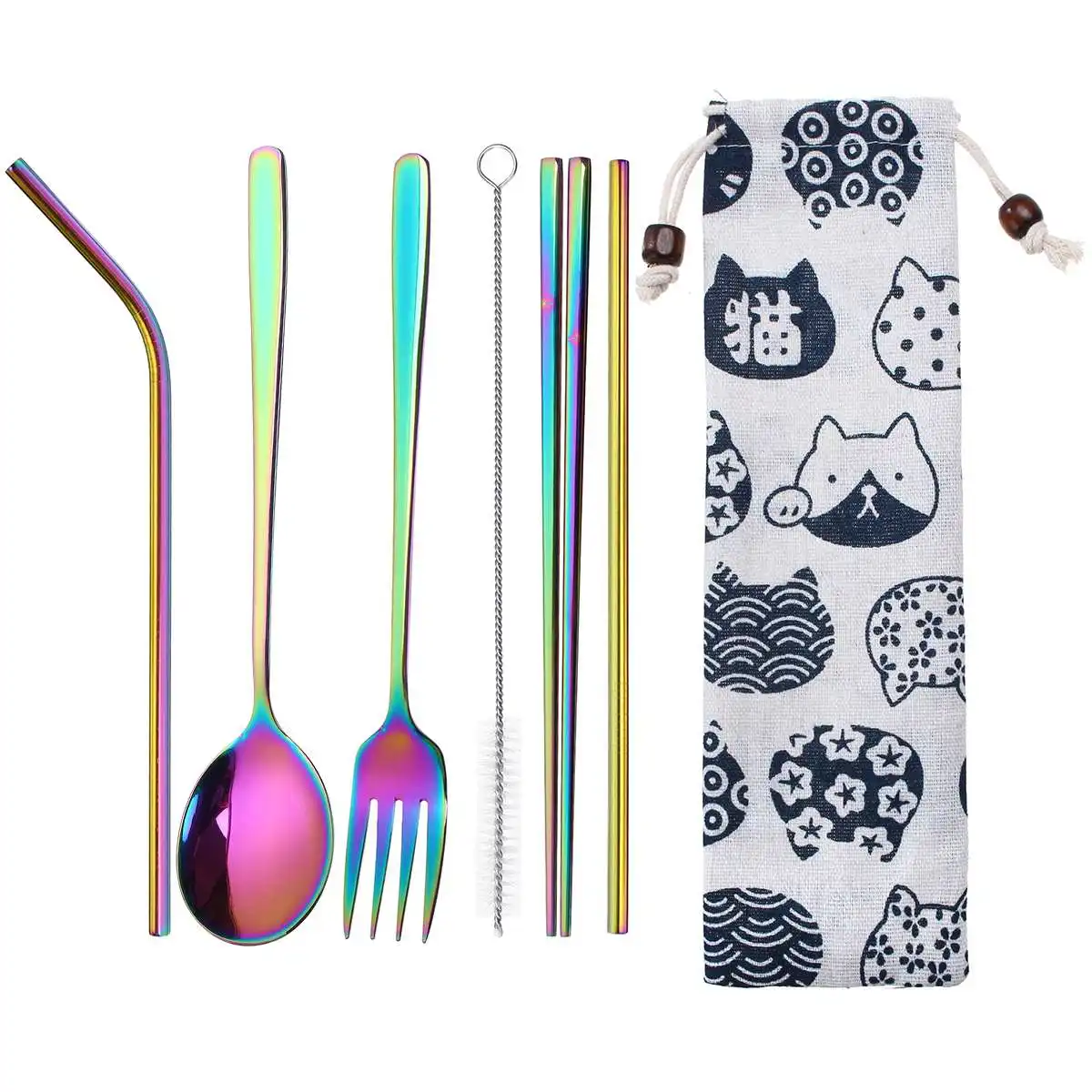 Color cat Portable Travel Dinneware Set Stainless Steel Fork Scoop Chopsticks Reusable Straw Silverwar Set Rainbow Cutlery with Pouch - Color: Color cat